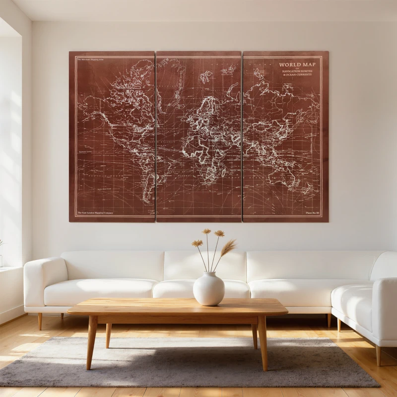 HOMCOM Cuadros en Lienzo Trípticos Mapamundi Vintage a Mano 120x60 cm con Marco de Madera Decoración para Dormitorio Marrón