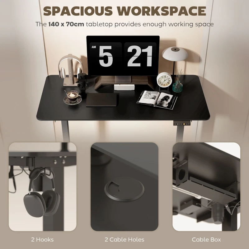 Biurko regulowane Vinsetto 140 x 70 cm Elektryczne, Ergonomiczne biurko stoi-siedzi z haczykami, Ochroną przed kolizją, Czarne