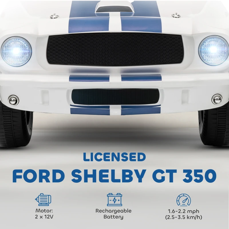 Qaba Licensed Ford Shelby GT 350 Kids Ride On Car, 12V Battery Powered Electric Vehicle with Remote Control, Adjustable Speed, MP3 Player, Smooth Start, LED Lights for Kids Ages 3-6, White