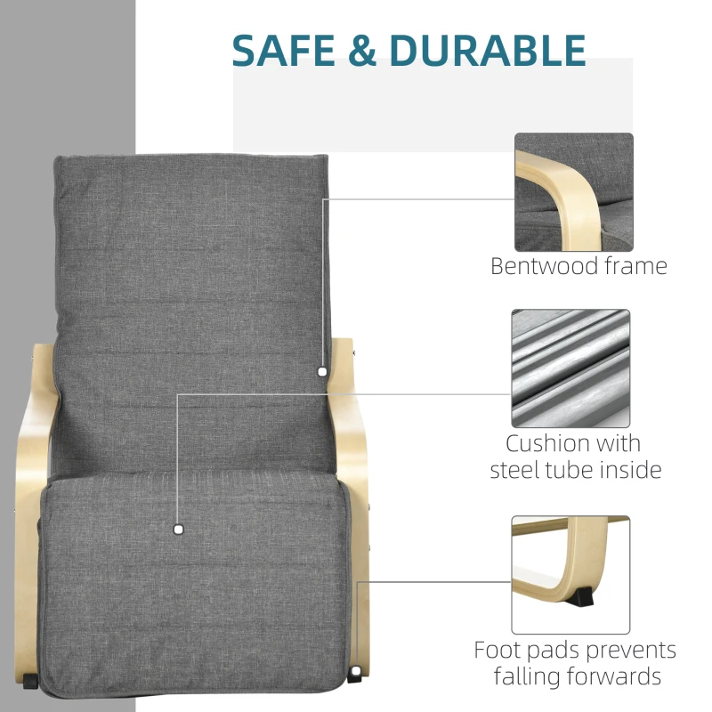 HOMCOM Fotel do salonu Fotel wypoczynkowy z podłokietnikami z drewna brzozowego, regulowany w 5 kierunkach, fotel do czytania o wyglądzie lnu, tapicerowany fotel do sypialni, szary