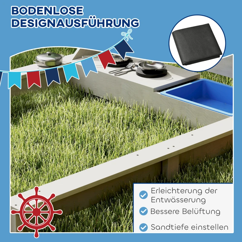 Drewniany piaskownica w kształcie statku z pokrywą i zestawem kuchennym