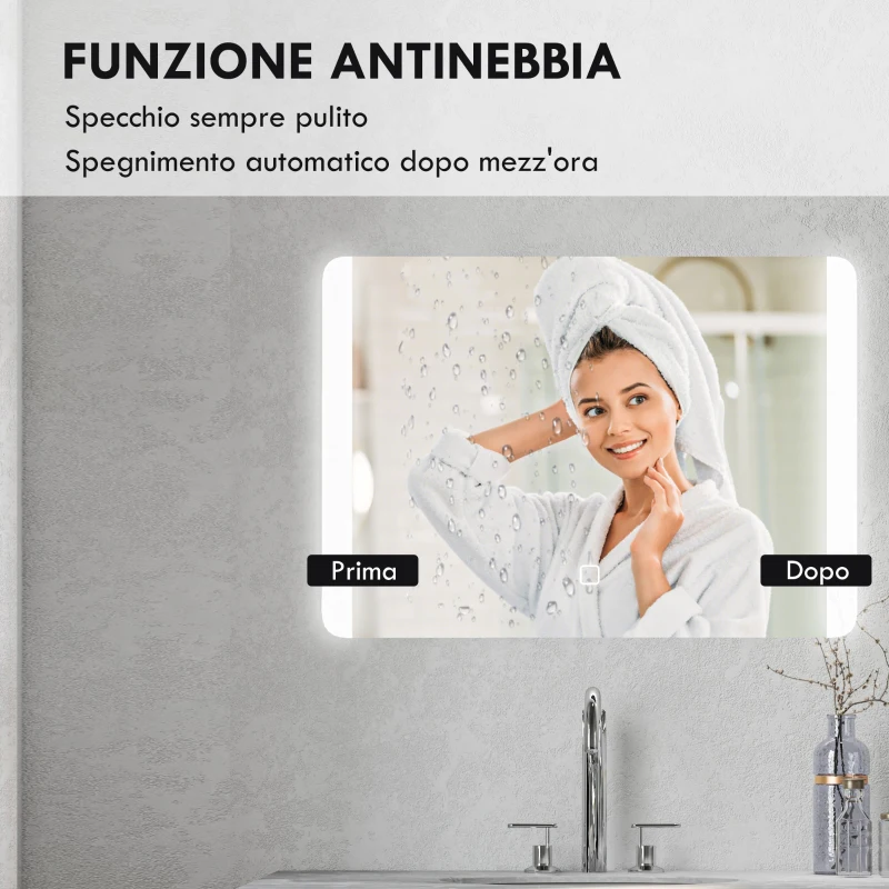 HOMCOM Specchio Bagno con Luce LED a 3 Temperature, Interruttore Touch e Antiappannamento, 70x50cm