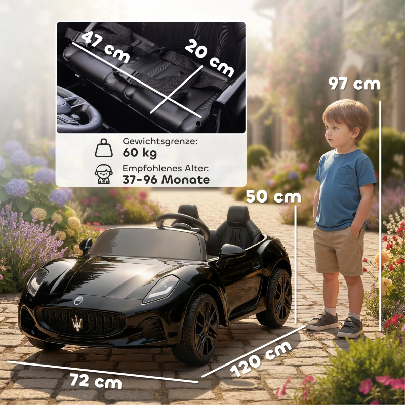 AIYAPLAY Maserati Licensed Electric Car for Kids, 2-Seater 12V Battery Powered Kids Ride on Car with Dual Modes, Remote Control, Suspension, LED Lights, Horn and Music for Boys and Girls, Black