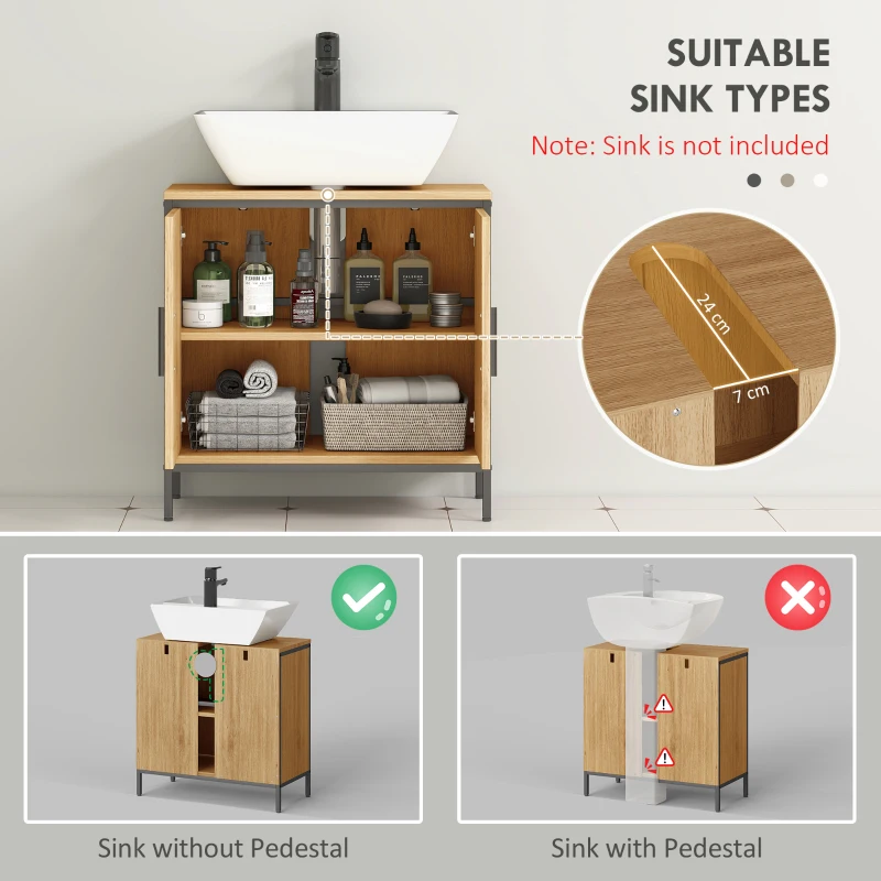 HOMCOM Szafka pod umywalkę, szafka z 2 drzwiami, regulowaną półką, 60x30x60 cm, szafka łazienkowa ze stalową ramą, dla umywalki bez podstawy, dąb