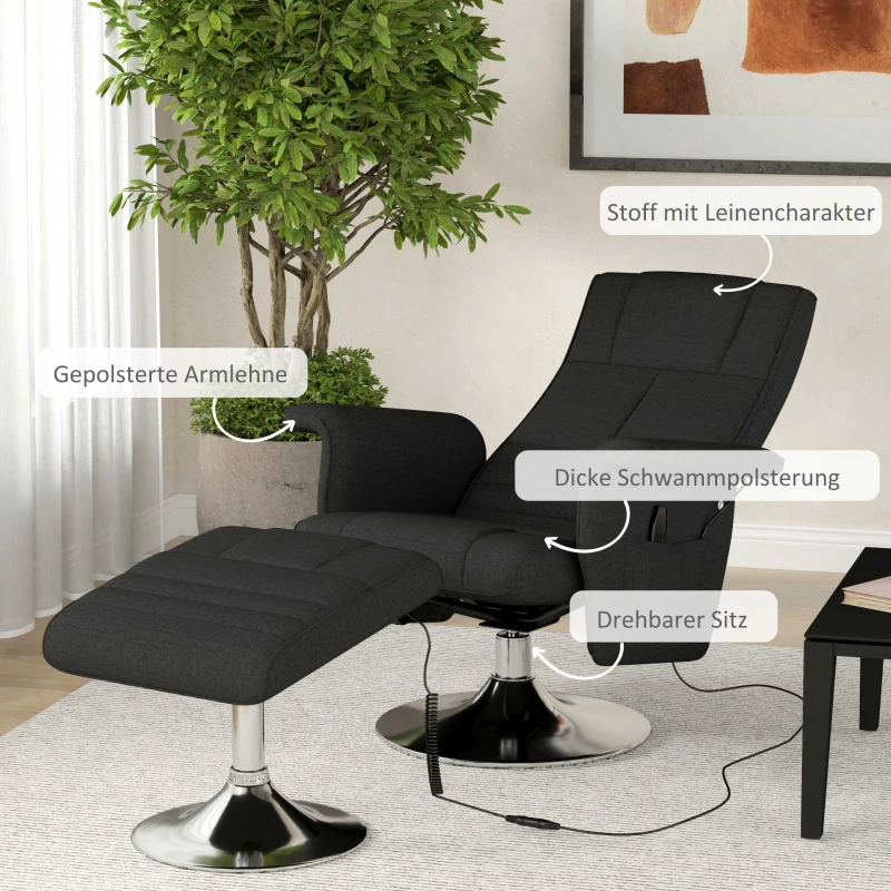 Fotel masujący z podnóżkiem, funkcja leżenia, Czarny