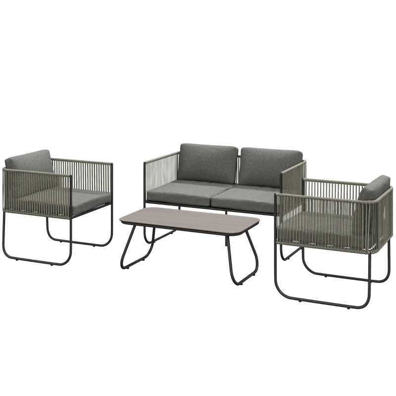 Outsunny 4 Piece Rattan Garden Furniture Set, 4 Seater Wicker Outdoor Sofa Set with 2 Armchairs, Loveseat, Tempered Glass Top Coffee Table, Cushions, Patio Conservatory Set for Balcony, Dark Grey