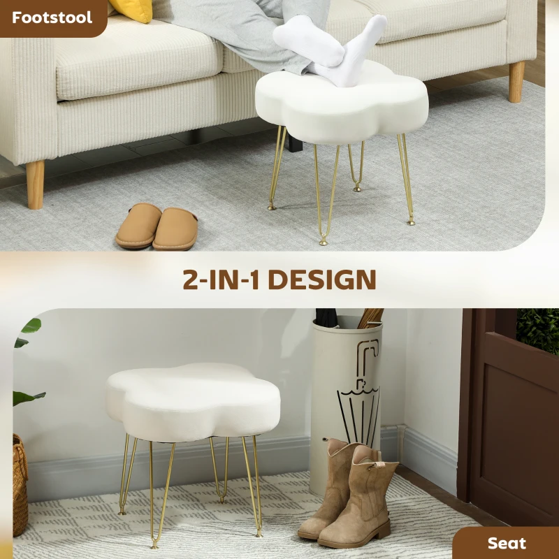 HOMCOM Velvet 4-Leaf Clover Footstool, Vanity Small Ottoman with Hairpin Steel Legs and Thick Cushion, Modern Accent Foot Stool for Living Room, Bedroom, Entryway, Cream