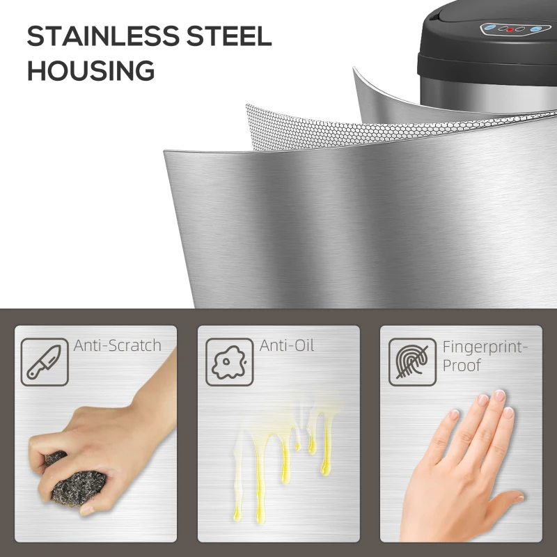 HOMCOM Kosz na śmieci z czujnikiem 50L ze stali nierdzewnej Automatyczny, Cichy z pokrywą Soft-Close, Czujnik ruchu, Kosz odporny na odciski palców dla biura, sypialni, kuchni, Srebrny