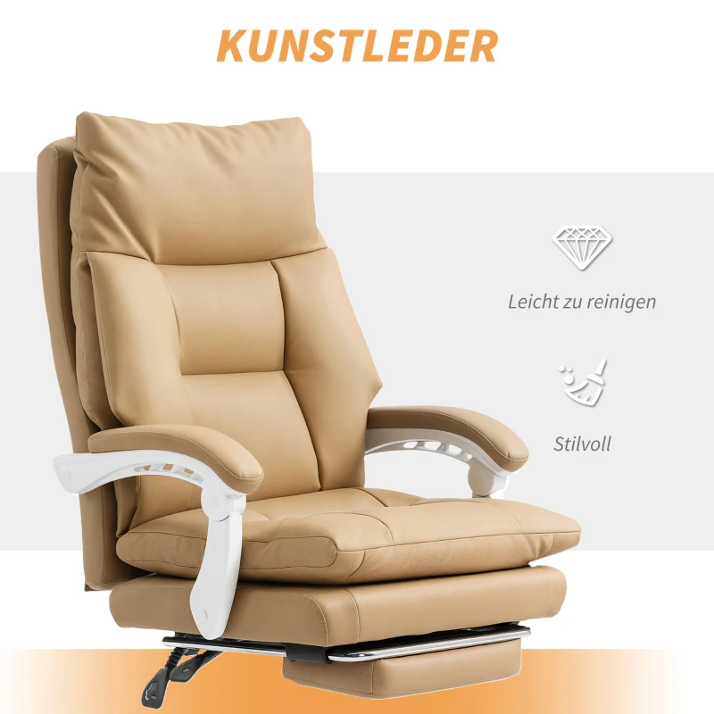 HOMCOM Executive Office Chair, PU Leather Desk Chair with Footrest, Quiet Swivel Wheels, Reclining Backrest, High Back, Height Adjustable, for Home, Light Brown