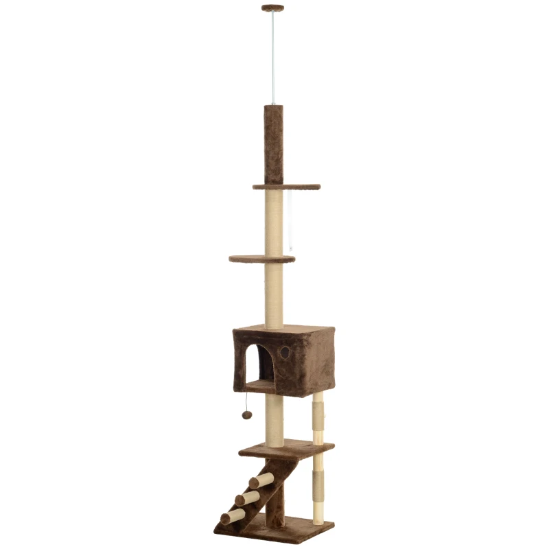 PawHut Floor to Ceiling Cat Tree, Cat Tower Adjustable Height 225-265cm, with Cat Condo, Scratching Posts, Perches, 3-Steps, Hanging Ball, Anti-tip Kit, Cat Tree Tower for Large Cat Adult, Brown