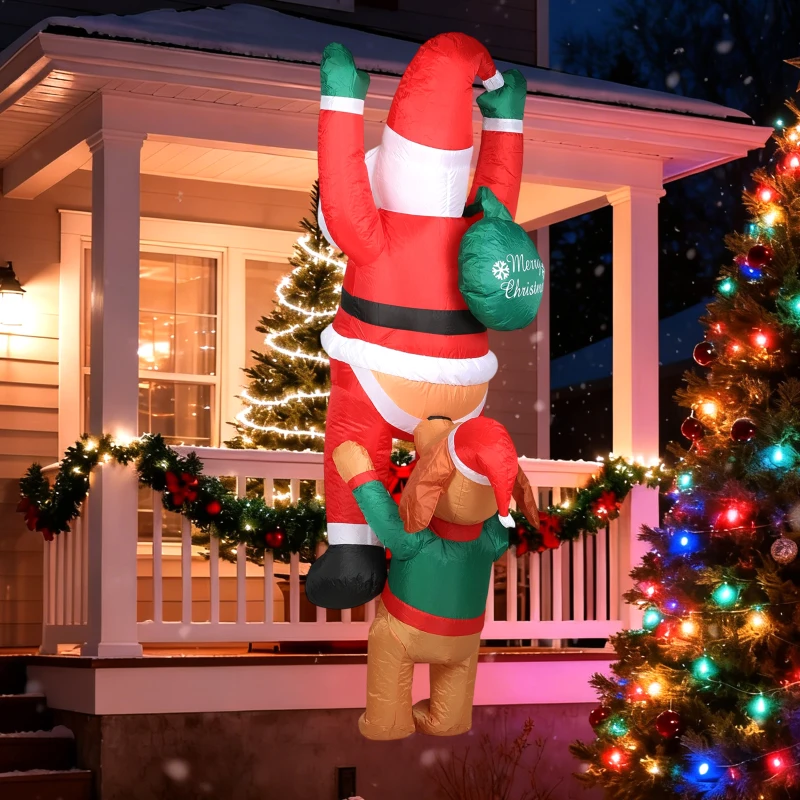 Outsunny Dmuchana dekoracja świąteczna, 2,14 m dmuchany Mikołaj z psem, Odporna na warunki atmosferyczne dekoracja ogrodowa z oświetleniem LED, do wnętrz i na zewnątrz