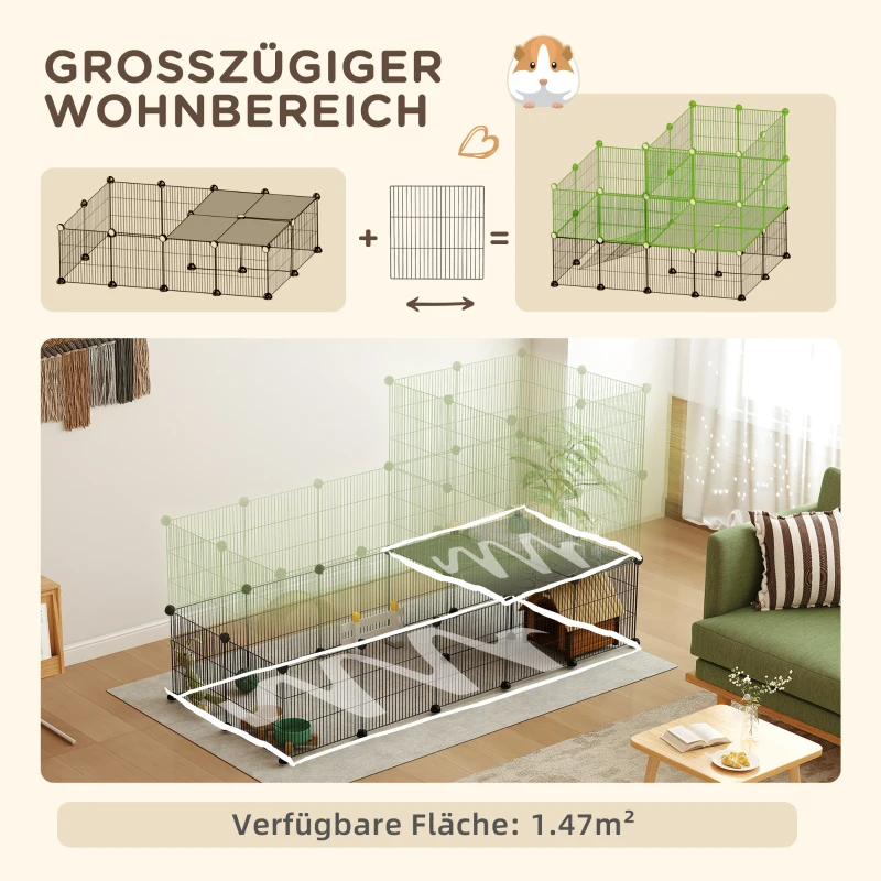 Kleintiergehege z rampą, 39 paneli, czarny, dla małych zwierząt