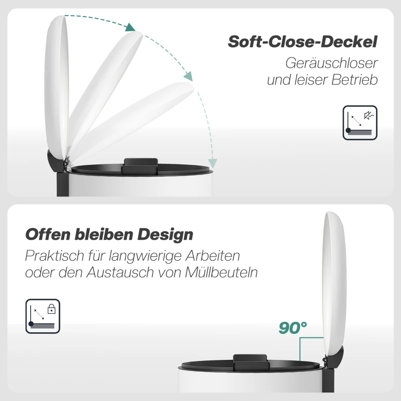 HOMCOM 20 Litre Kitchen Bin, Fingerprint Proof Metal Waste Bin with Soft-close Lid, Foot Pedal and Removable Bucket for Home Office, Bathroom, Living Room, Cream White