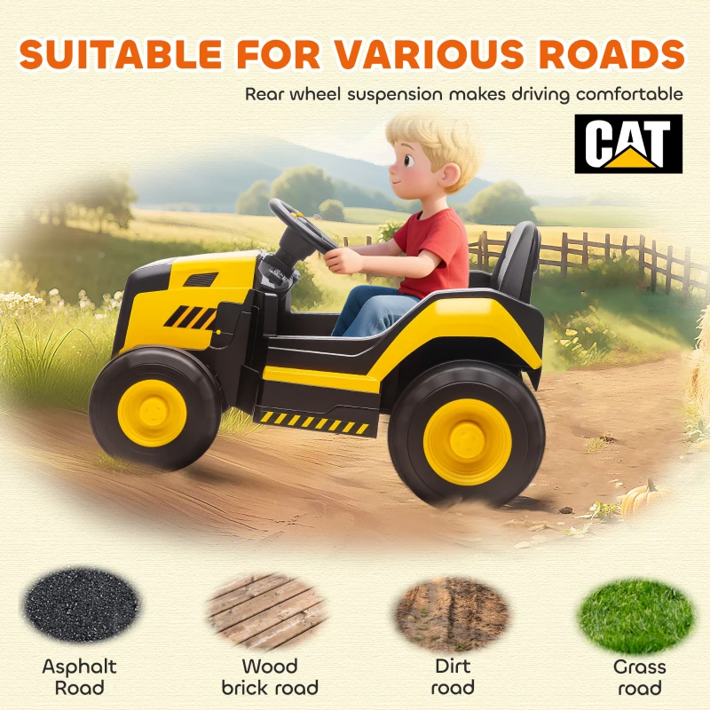 AIYAPLAY Elektryczny Traktor Licencjonowany przez CAT 12V z Zdalnym Sterowaniem, 2 Silniki, Muzyka, Tylna Amortyzacja, Łagodny Start i Stop, Bluetooth, dla Dzieci 3-6 lat, Żółty