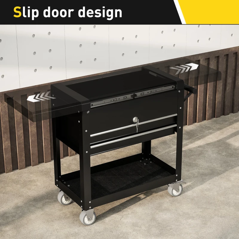 HOMCOM Wózek warsztatowy z 2 szufladami, pusty, zamykany wózek narzędziowy z przesuwanym pokrywą, półką i matami EVA, szafka narzędziowa na kółkach, uchwyt, czarny