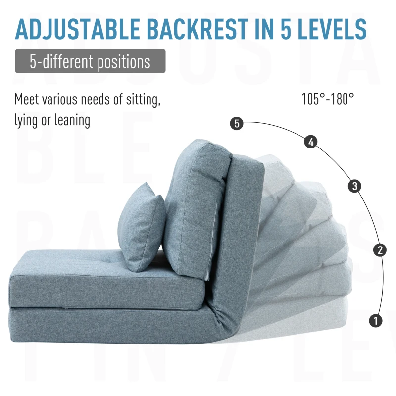 HOMCOM Fotel podłogowy 2 w 1 z regulowanym oparciem, sofa z ozdobną poduszką, poduszka do siedzenia dla salonu, sypialni, len, błękit nieba