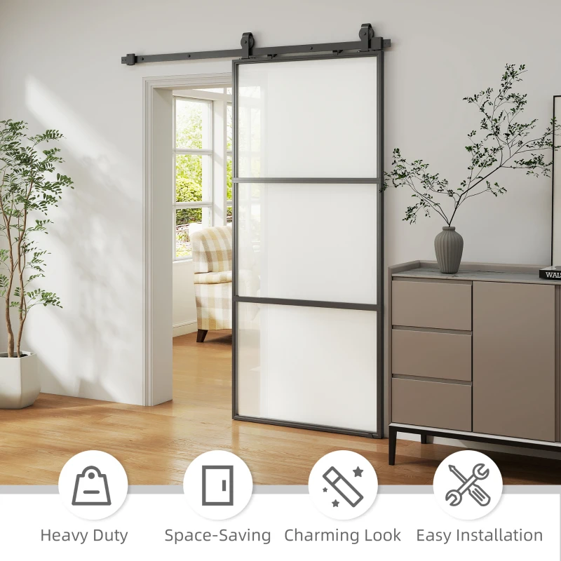 HOMCOM 91.4 x 203.2cm Sliding Door with 183cm Sliding Glass Door Hardware Kit Included Floor Guide & Soft Mechanism, Easy Assembly, Black