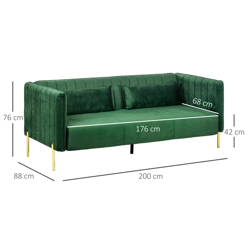 HOMCOM trzyosobowa sofa z 2 poduszkami, kanapa z podłokietnikami, tapicerowana sofa w welurowym wykończeniu, do salonu, sypialni, 200 x 88 x 76 cm, Zielona