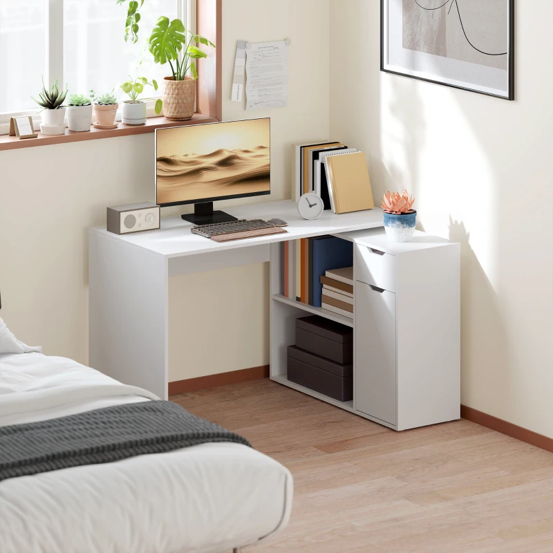 HOMCOM Biurko narożne w kształcie litery L, biurko komputerowe z otwartymi półkami, szufladą, drzwiami, biurko narożne na dokumenty formatu A4, biuro, pokój pracy, 120 x 96 x 75 cm, białe