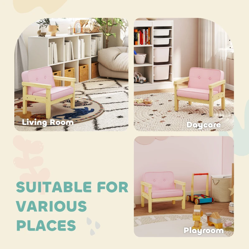 AIYAPLAY Fotel dla dzieci, sofa dziecięca z drewnianą ramą, w sztruksie, różowa, do pokoju dziecięcego, pokoju zabaw