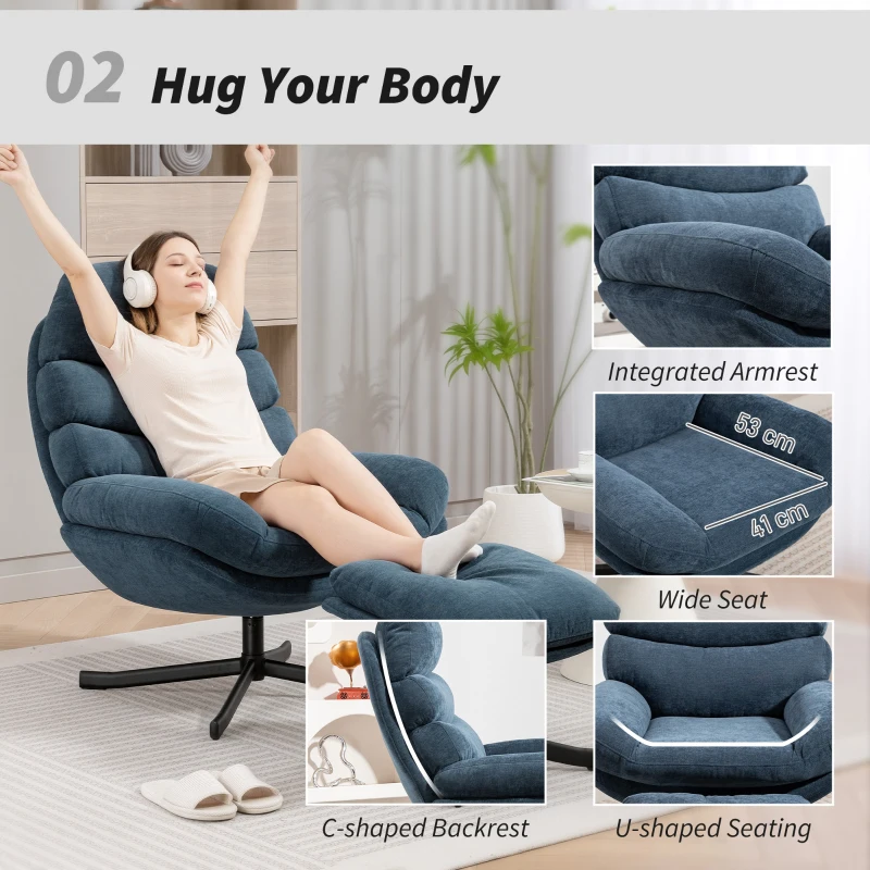 HOMCOM Fotel Relaksacyjny z Podnóżkiem, Niebieski, Wypoczynkowy Fotel z Materiału Chenille, Nowoczesny do Telewizji, z Podłokietnikami do Salonu, Sypialni