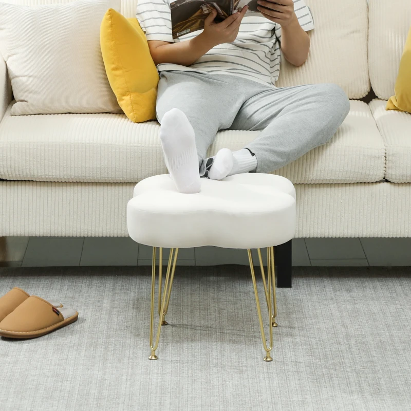 HOMCOM Velvet 4-Leaf Clover Footstool, Vanity Small Ottoman with Hairpin Steel Legs and Thick Cushion, Modern Accent Foot Stool for Living Room, Bedroom, Entryway, Cream