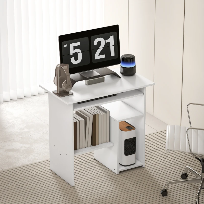 Biurko HOMCOM, 80 x 45 cm, biurko komputerowe, biurko z wysuwaną półką na klawiaturę, otwartymi półkami, płyta wiórowa, do domowego biura, sypialni, białe