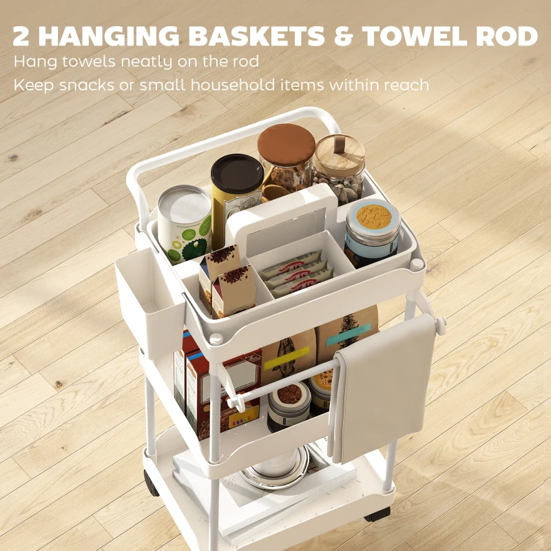 HOMCOM Wózek kuchenny na kółkach z 3 poziomami, koszami wiszącymi, uchwytem na ręczniki, półką kuchenną na kółkach, wózek do przechowywania, wózek wielofunkcyjny do salonu, kuchni, łazienki, biura, biały