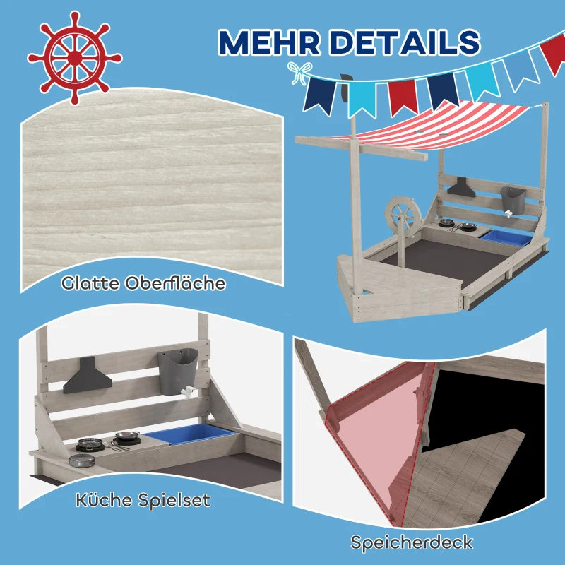 Drewniany piaskownica w kształcie statku z pokrywą i zestawem kuchennym