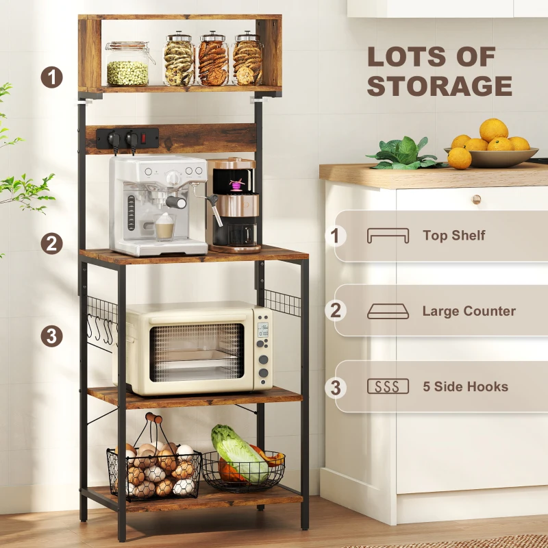 HOMCOM Regał Kuchenny, Wolnostojący Regał z 5 Hakami S, 5 Półkami, Gniazdkami, USB, Bar Kawiarniany z X-Brace, Stalowy, Rustykalny Brąz, 60 x 42 x 153 cm