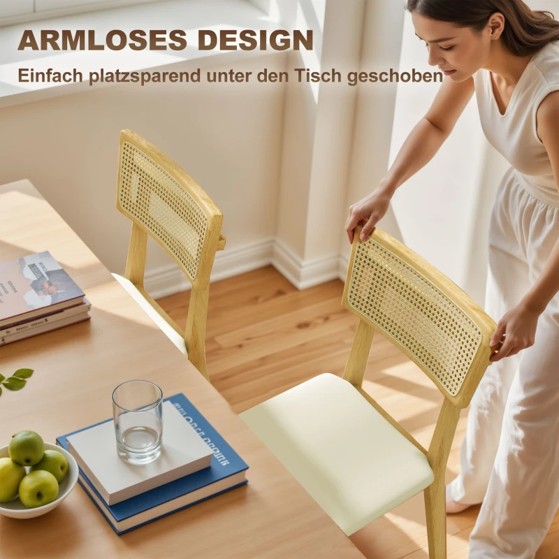 HOMCOM Dining Chair with Rattan Backrest, Modern Upholstered Faux Leather Kitchen Chair with Rubber Wood Frame for Dining Room, Bedroom, Living Room, Nature Wood Finish