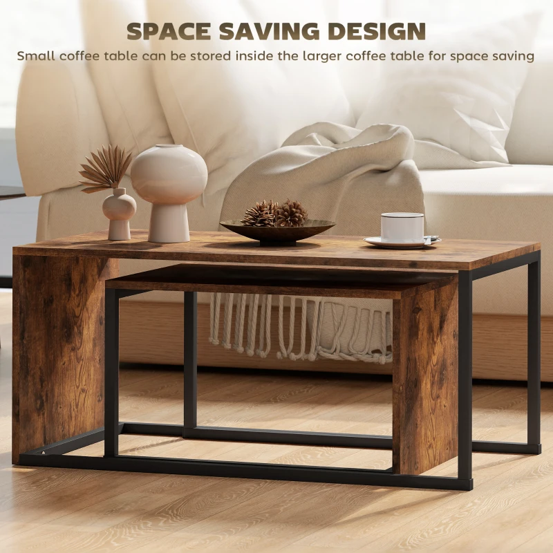 HOMCOM Zestaw 2 stolików kawowych, rustykalny brązowy, stolik do salonu i sypialni, metalowa rama, stolik na kawę