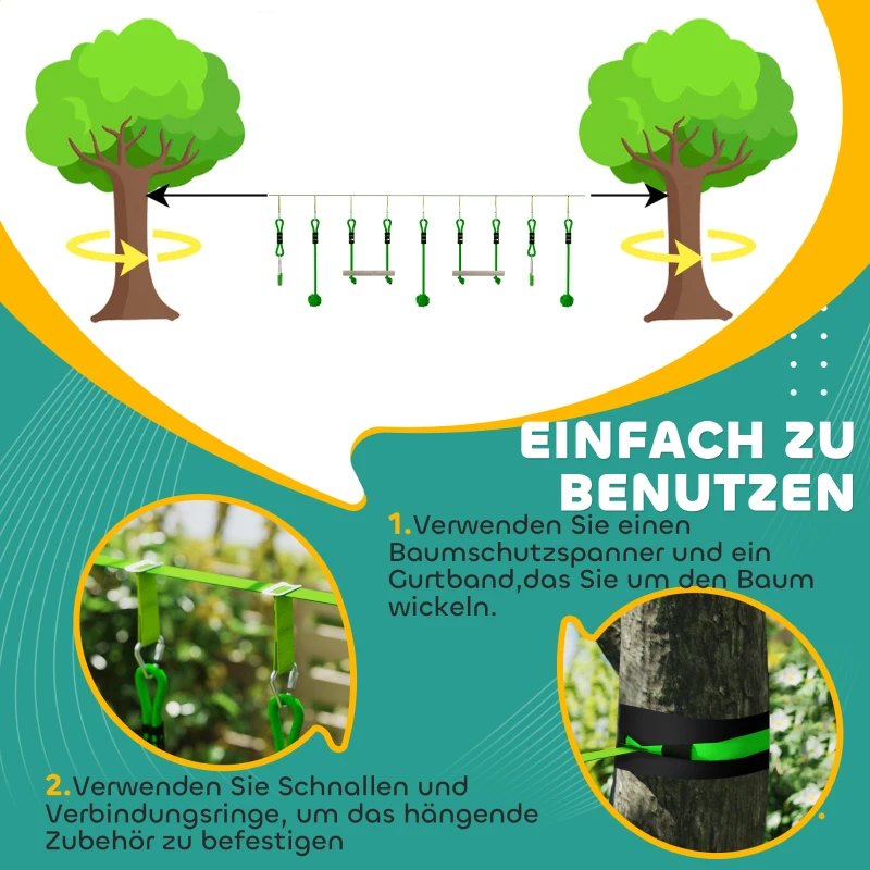 Zestaw Zipline 10 m dla dzieci, 2 pierścienie, 2 drążki