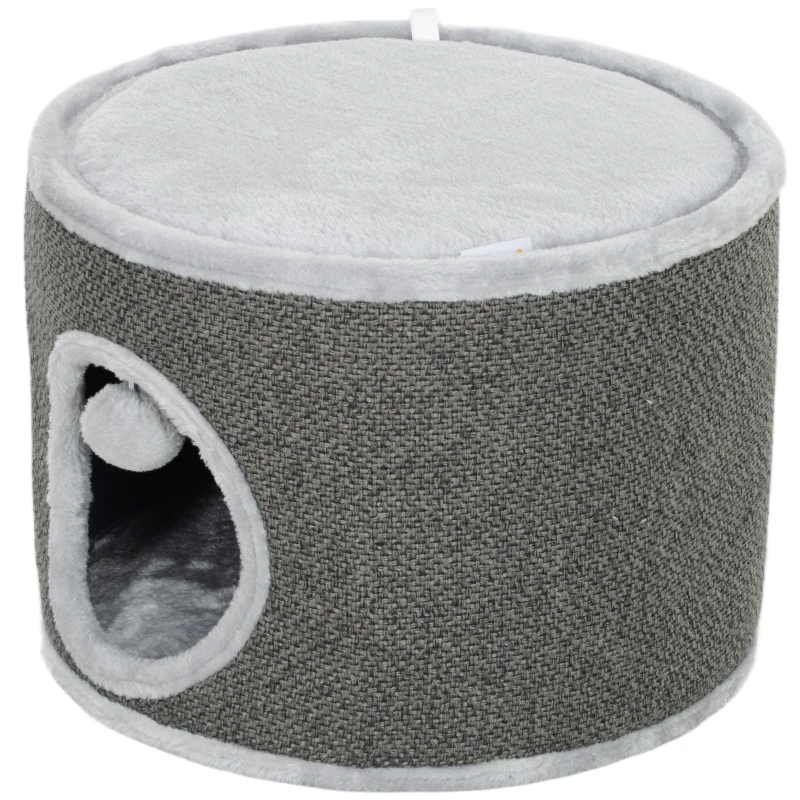 PawHut 30cm Cat Condo Barrel Tower, Small Cat Tree for Indoor Cats with Plush Platform, Toy Ball, Dark Grey