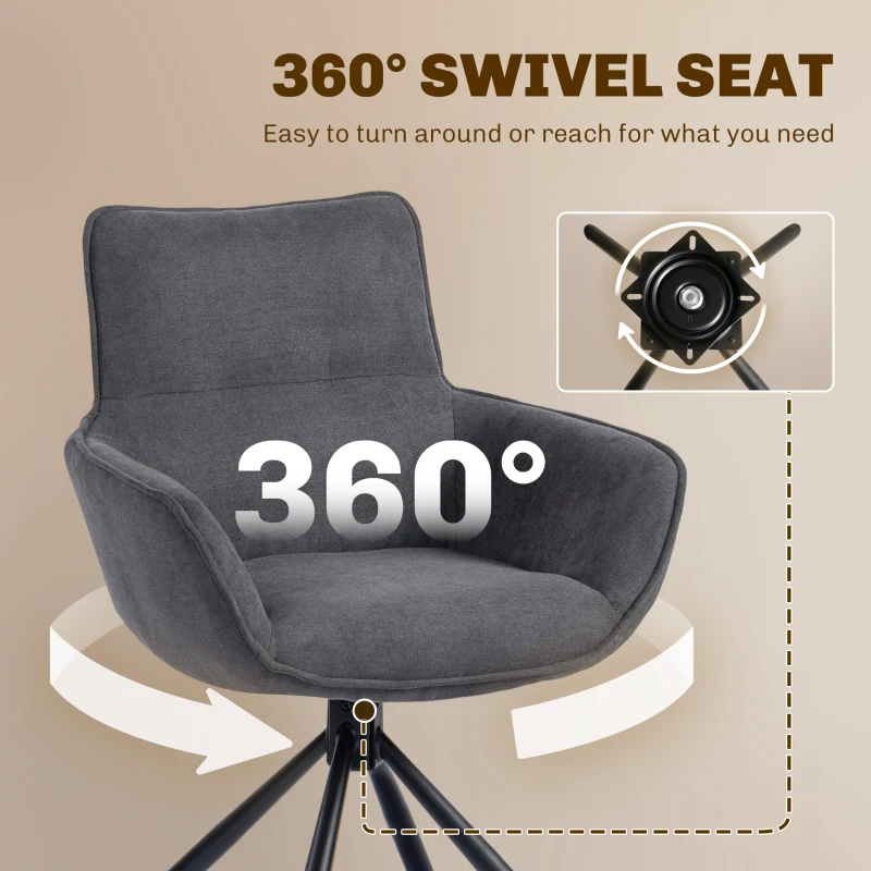 HOMCOM 360° Swivel Dining Chairs Set of 2, Ergonomic Upholstered Kitchen Chairs with Arms, Backrest and Steel Legs for Living Room, Dark Grey