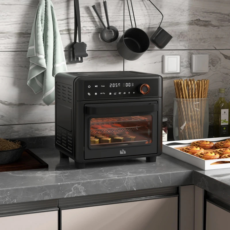 HOMCOM Mini-piekarnik z funkcją hot air fryer, 40-220°C, 12 programów, akcesoria, Czarny