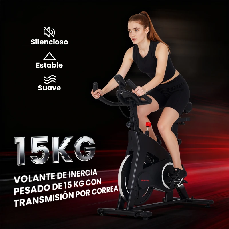 SPORTNOW Bicicleta Estática de Interior con Volante de Inercia de 15 kg Monitor LED con Pulsómetro Manillar y Asiento Ajustables