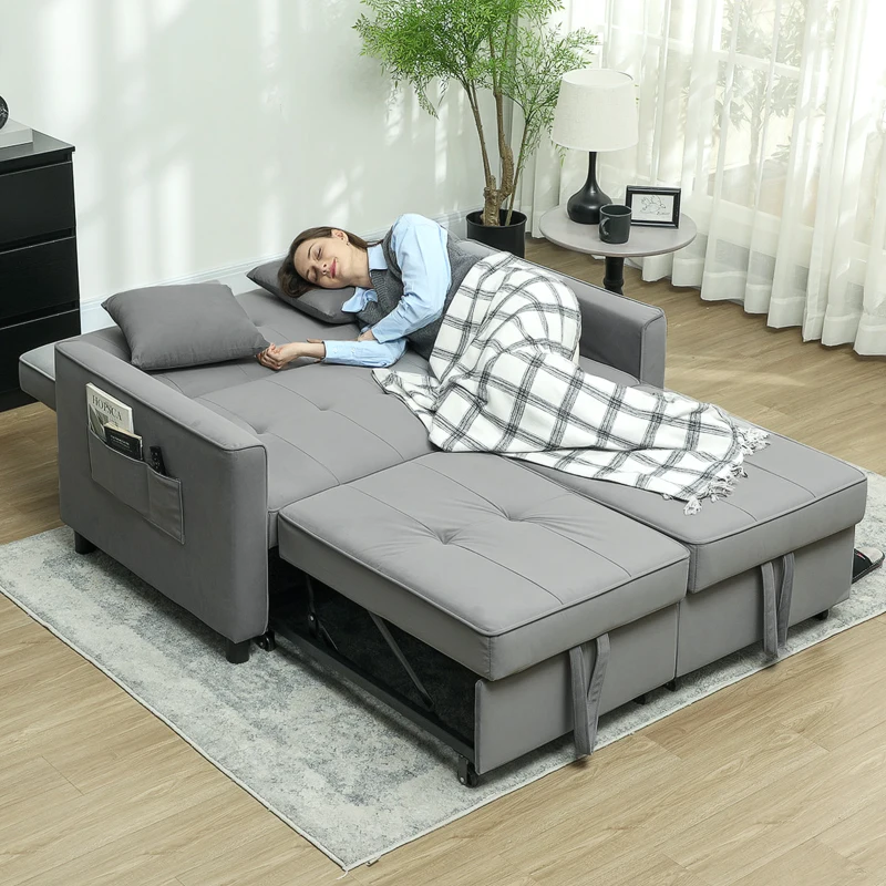 Sofa rozkładane 2-osobowe, welurowe, szare, z poduszkami