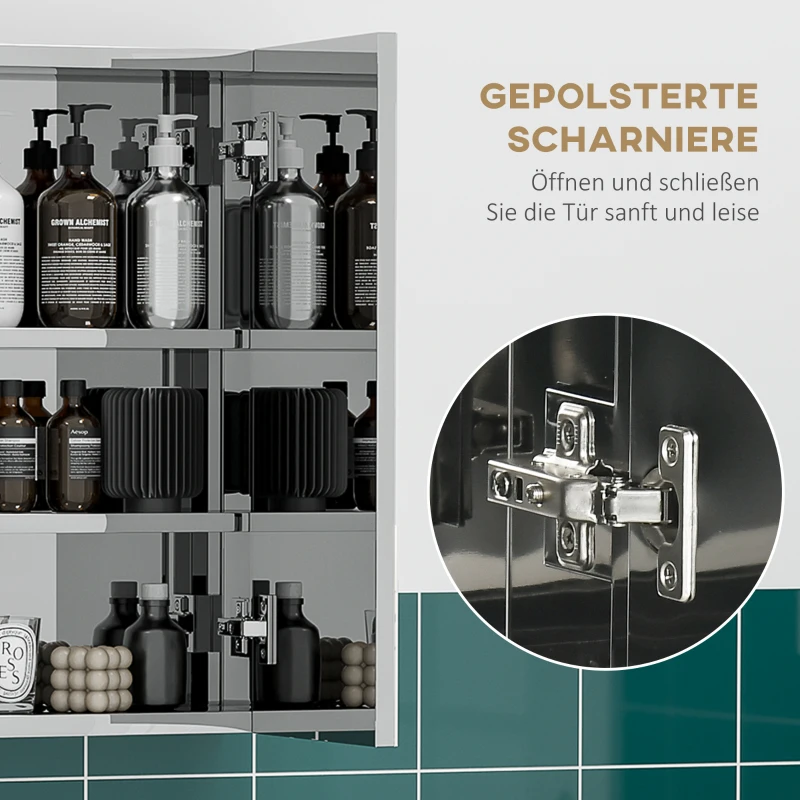 kleankin Szafka z lustrem, szafka łazienkowa z 3 drzwiami ze szkła, szafka wisząca, szafka do przechowywania z 5 półkami, szafka łazienkowa, szafka ścienna, stal nierdzewna, srebrna, 70 x 12 x 55 cm