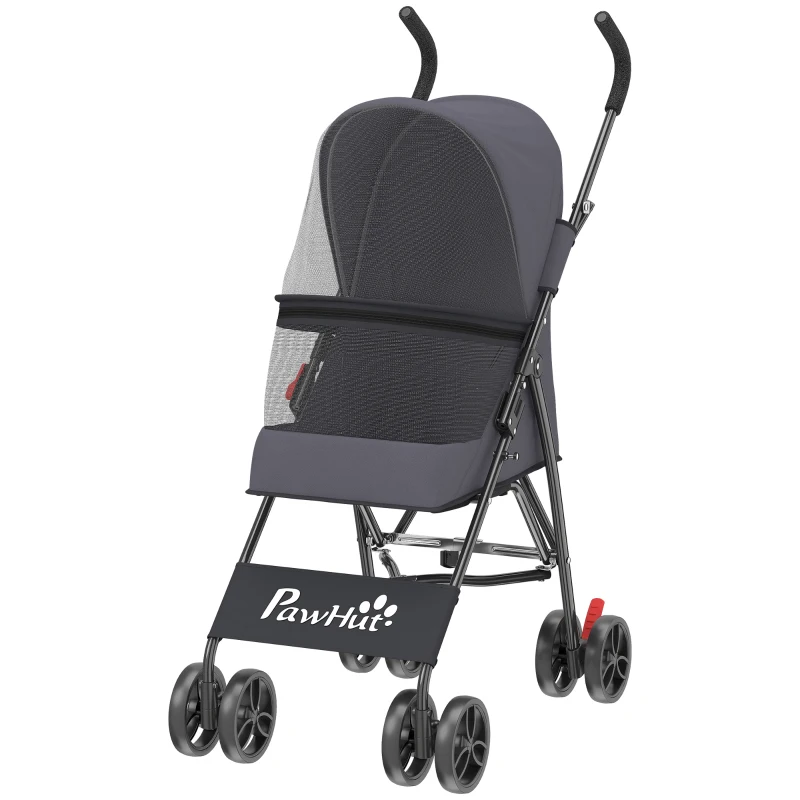 PawHut Dog Stroller, Foldable Cat Dog Pram for Miniature Breeds, Pet Stroller with Brake, Mesh Windows, Dark Grey