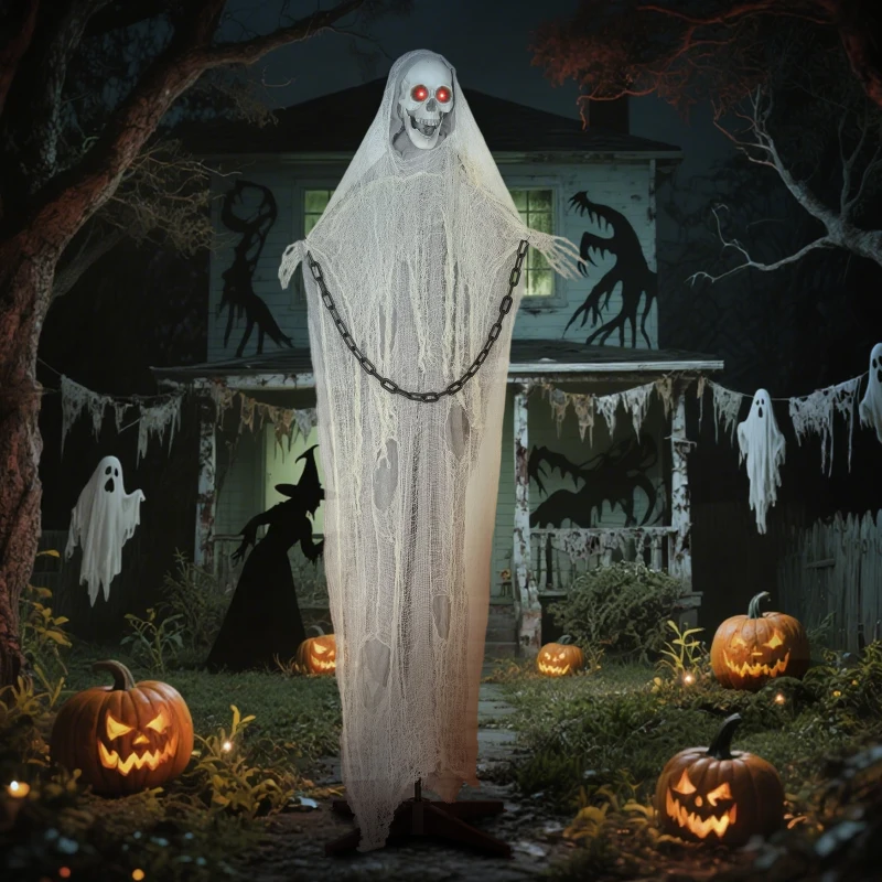 Outsunny 183cm Dekoracja na Halloween Sensenmann z LED, Funkcją Dźwiękową, Dekoracja Drzwi z Regulowanymi Ramionami, Głową, Figura Ogrodowa w Naturalnej Wielkości na Imprezę