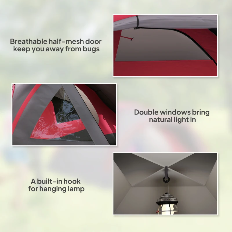 Outsunny 2 Person Camping Tent, Waterproof and UV50+ Family Tent with Bedroom, Porch, Sewn-in Groundsheet and Hook, Portable and Lightweight for Camping Hiking, Grey