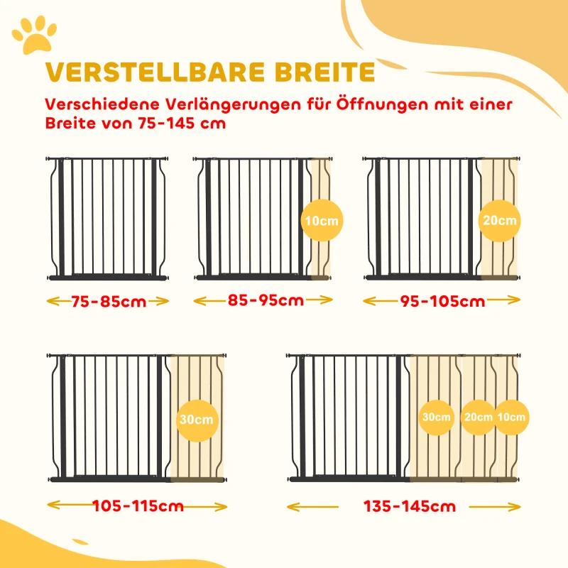 PawHut Bramka Ochronna dla Psów, Bramka Zabezpieczająca na Schody, 75-145 cm Bramka dla Psów, Bramka dla Dziecka, Bramka Brama, Zabezpieczenie, Dwukierunkowe Otwieranie, Stal, Czarny