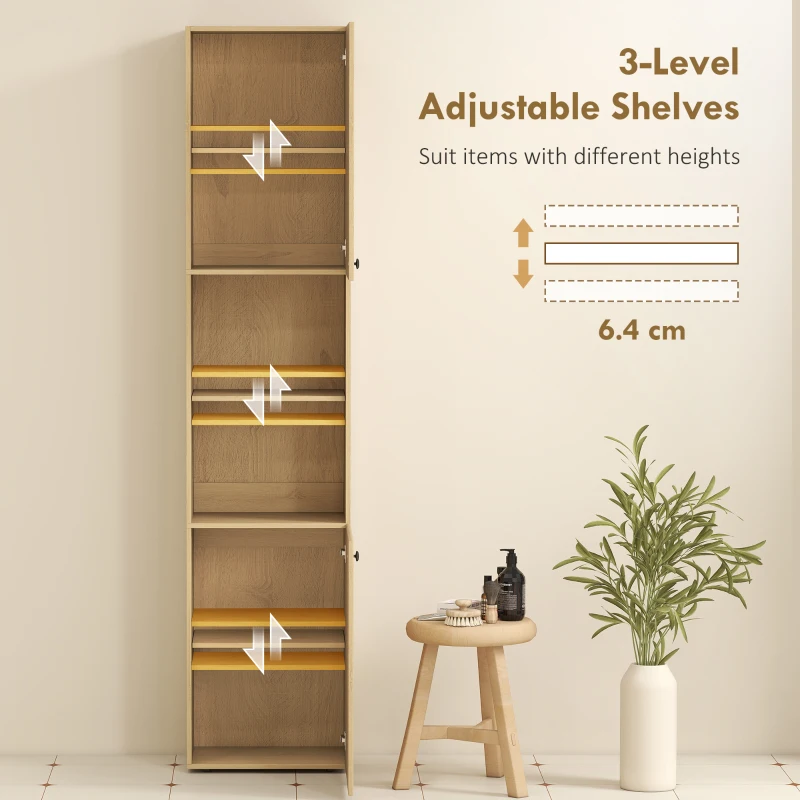 Wąska Wysoka Szafka Łazienkowa HOMCOM z 2 Drzwiami, Regulowanymi Półkami, 2 Otwartymi Przegrodami, do Łazienki, Salonu 40 x 31 x 182 cm Dąb