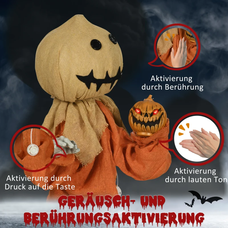 HOMCOM Dekoracja na Halloween 77cm Strach na Wróble z Czerwonymi Świecącymi Oczami, Funkcja Dźwięku, Dekoracja na Halloween z Czujnikiem Ruchu i Dźwięku, Śmiechem, Ruchomymi Ramionami i Rękami