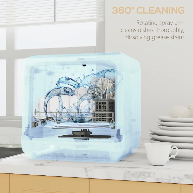 HOMCOM Table Top Dishwasher, Mini Countertop Dishwasher with Built-in 6L Water Tank, 6 Programs, Touch Control, LED Display, 4 Place Settings, Dual Water Supply and Air Drying Function, White