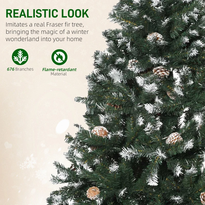 Sztuczna Choinka HOMCOM, 150 cm choinka z sztucznym śniegiem, 676 końcówek, składany stojak, na święta, wewnątrz, Zielony+Biały