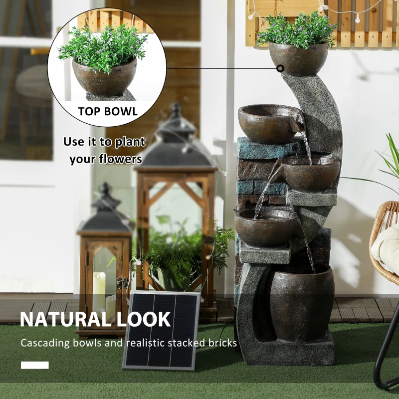 Outsunny Fontanna Ogrodowa, Fontanna Słoneczna, Fontanna Ozdobna z Oświetleniem LED, 5 Stopni, Fontanna Wodna do Ogrodu, Tarasu, Żywica Syntetyczna, 37 x 35 x 107 cm