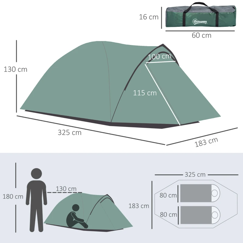 Outsunny tent voor 3-4 personen 190T kampeertent met haringen koepeltent glasfiber polyester 325 x 183 x 130 cm