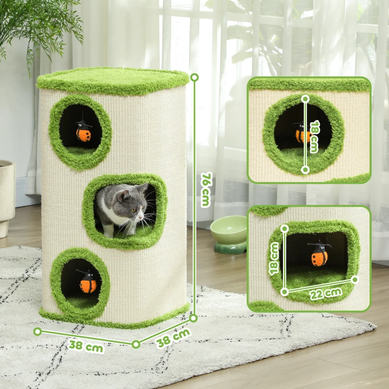 PawHut 76cm Cat Barrel Tower, 3 Story Cat Condo with Sisal Scratching Pad, Toy Ladybugs, Barrel Shaped Cat House Covered in Soft Plush, Green